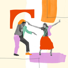 Contemporary art collage. Expressive, stylish, young man and woman dancing at the party. Fun
