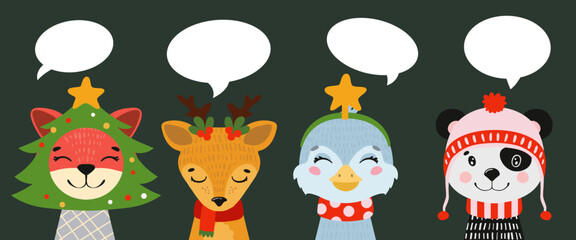 Set of christmas illustrations for the heads of animals. Vector xmas illustration of beautiful mammals.