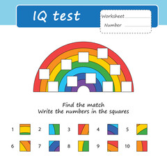 Educational logical game for kids. Rainbow. Find a match. Write the numbers in the squares. IQ Test. Activity for presсhool years kids and toddlers. Worksheet - obrazy, fototapety, plakaty