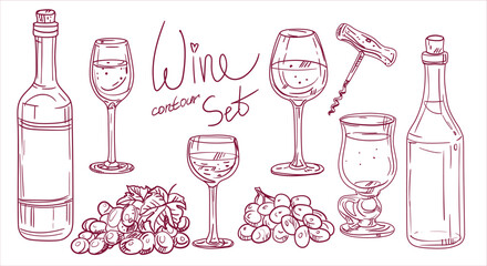 A set from the alcoholic beverages circuit. Bottles of wine, glasses, bunches of grapes, corkscrew. Suitable for kitchen illustration in bars, restaurants, cafes. For menus and printed products.