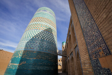 View to the unfinished Kalta Minor Minaret with Blue Mosaic Walls, which is built by Mohammed Amin...