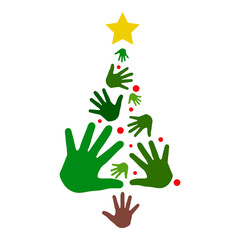 Obraz premium Logotipo árbol de navidad formado por siluetas de manos, círculos y estrella