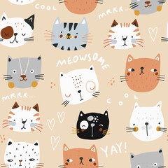 Obraz na płótnie Canvas Seamless pattern with hand drawn cat faces. Creative cats texture. Vector illustration