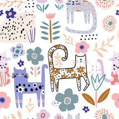 Seamless childish pattern with floral cute hand drawn cats. Creative kids hand drawn texture for fabric, wrapping, textile, wallpaper, apparel. Vector illustration - 530533999