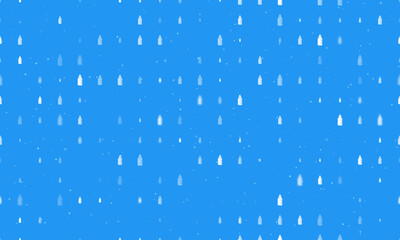 Seamless background pattern of evenly spaced white feeding bottle symbols of different sizes and opacity. Vector illustration on blue background with stars