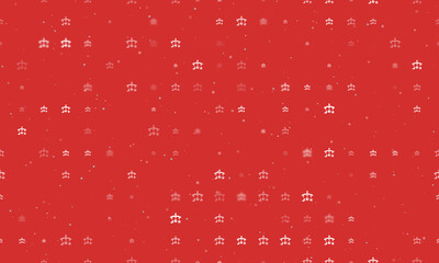 Seamless background pattern of evenly spaced white baby mobiles of different sizes and opacity. Vector illustration on red background with stars