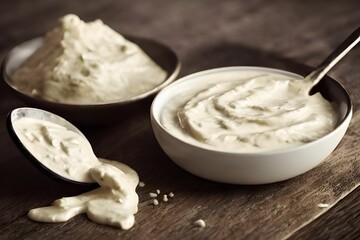Close up shot of yogurt in bowls on a wooden surface