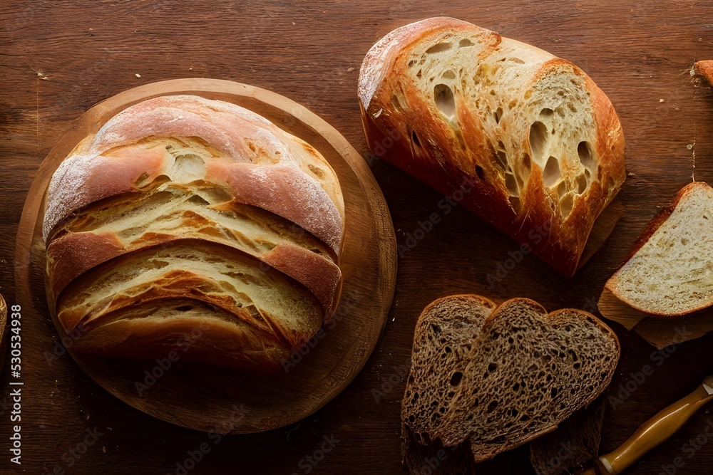 Wall mural top view of gold rustic crusty loaves of bread on a light background