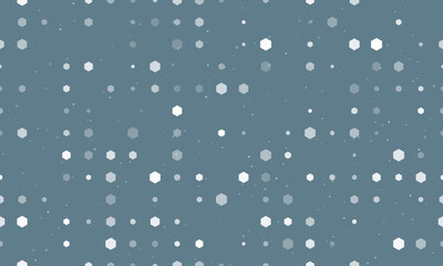 Seamless background pattern of evenly spaced white hexagon symbols of different sizes and opacity. Vector illustration on blue gray background with stars