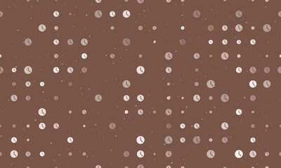 Seamless background pattern of evenly spaced white time symbols of different sizes and opacity. Vector illustration on brown background with stars