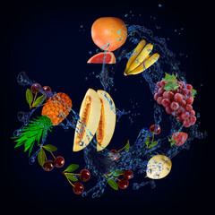 Obraz na płótnie Canvas Wallpaper with fruits in water - juicy pear, melon, cherry, grapefruit, grapes, strawberries are the main part of therapeutic diets