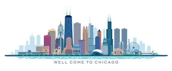 Cities to travel to. Vector illustration of famous architectural landmarks of the city of Chicago. - obrazy, fototapety, plakaty