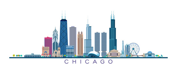 Chicago skyscrapers and architectural symbols vector illustration. - obrazy, fototapety, plakaty