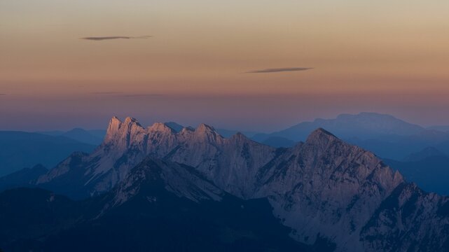 Aerial view of the beautiful Karavanke mountain chain at sunset in Slovenia