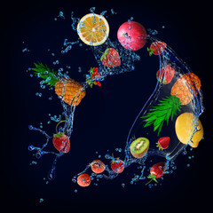 Obraz na płótnie Canvas Wallpaper with fruits in water - juicy pineapple, strawberry, lemon, apple, lychee sweet dessert