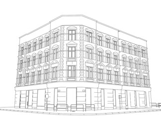 Outline of a four-story building from black lines isolated on a white background. Perspective view. Vector illustration.