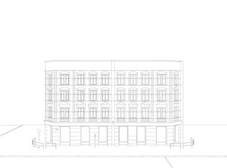 Outline of a four-story building from black lines isolated on a white background. Front view. Vector illustration.
