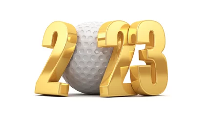 Rollo White golf ball and gold numbers 2023 on a white background. 3d rendering. © 3dddcharacter