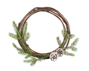 Christmas and New Year frame. Round frame of willow rods, spruce branches and two pine cones. Natural winter background.