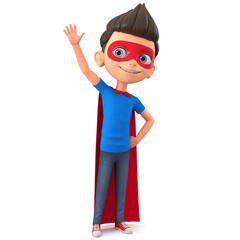 Cartoon character boy in super hero costume greets with his hand up. 3d render illustration.