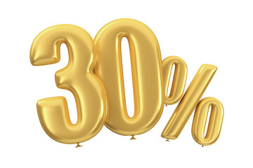 Golden percent balloons on an isolated white background.  3d render illustration. Thirty percent.