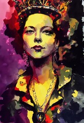 Portrait en couleur d'une reine réalisé à l'encre et tampons