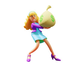 3D illustration. Rich rich Beautiful Woman 3D character illustration with sack of money. walking with a sack. with a happy smiling expression. 3D Cartoon Character