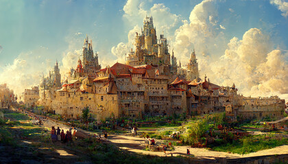 Fototapeta premium Magestic Medevial Castle and City on the Mountain. Fantasy Backdrop. Concept Art. Realistic Illustration. Video Game Background. Digital Painting CG Artwork. Scenery Artwork Serious Book Illustration 