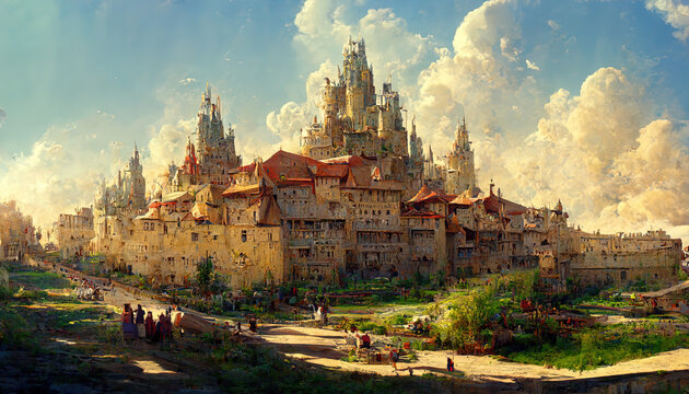 Magestic Medevial Castle and City on the Mountain. Fantasy Backdrop. Concept Art. Realistic Illustration. Video Game Background. Digital Painting CG Artwork. Scenery Artwork Serious Book Illustration
