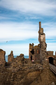 Vertical shot of castle Sinclair Girnigoe, a medieval fortress in Scotland, UK