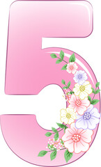 Flowers with number 5 watercolor illustration