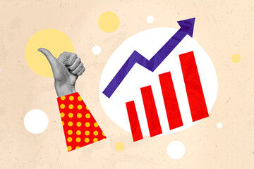 Creative 3d collage artwork poster postcard of business person arm demonstrate cool good symbol job...