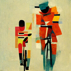Two cyclists. Art in the style of Suprematism. Painting, art for the interior. - 530538711