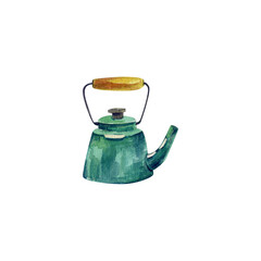 Green metal teapot. Watercolor illustration.