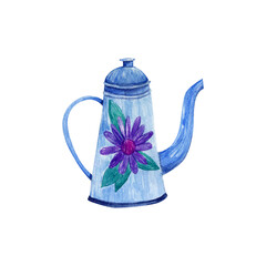 Blue tall teapot with a flower. Watercolor illustration.