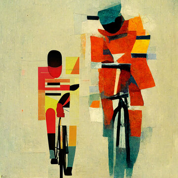 Two cyclists. Art in the style of Suprematism. Painting, art for the interior.