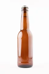 Gordijnen Image of brown glass full lager beer bottle with crown cap, with copy space on white background © vectorfusionart