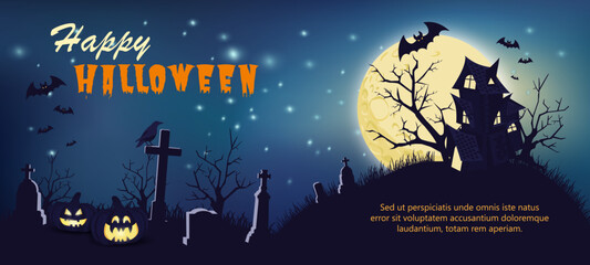 Halloween night background with pumpkins, castle, bats and full moon. Happy Halloween greeting banner, greeting card. Vector illustration.