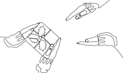 Continuous line drawing of two hands holding gift box with ribbon. continuous line drawing of hand Hands giving gift box. One line couple in love. Christmas present giving. holiday celebration
