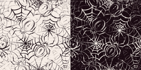 Seamless pattern in grunge style with spiders, spiderweb, paint brush strokes. Monochrome decoration for Halloween holiday. Dense random chaotic composition.
