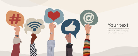 Group of raised hands of diverse culture of people holding speech bubble with social media signs and symbols. Concept sharing friendship exchange community communication on social media
