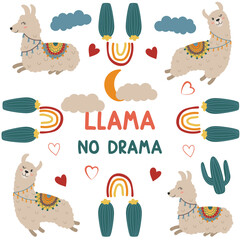 stylish trendy composition with adorable llama, cactuses and quote "no drama llama"