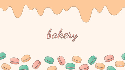 background template for bakery with dripped caramel top and colorful chaotic macaroons border bottom 