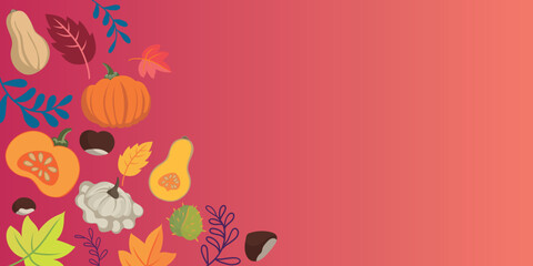 Autumn vegetables and leaves doodle background - flat design banner vibrant colors - floral seasons design