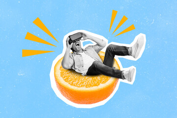 3d retro abstract creative artwork collage of man sitting half orange fruit excited wear virtual reality glasses impressed virtual world