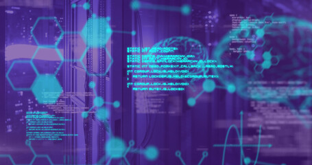 Image of brain, scientific data and qr code over servers