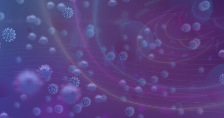Image of virus cells over tunnel made of circles and violet background