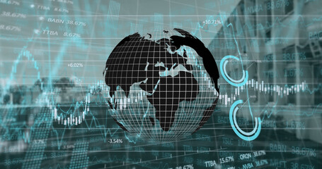 Image of globe rotating over data processing on vr headset over hand