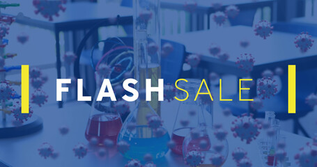 Image of flash sale text and virus cells over lab