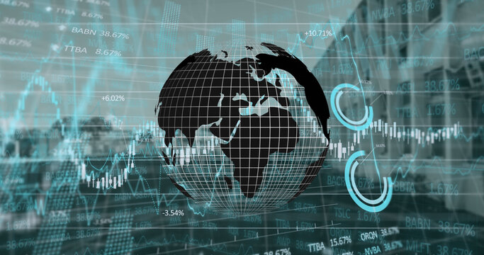 Image of globe rotating over data processing on vr headset over hand - Powered by Adobe
